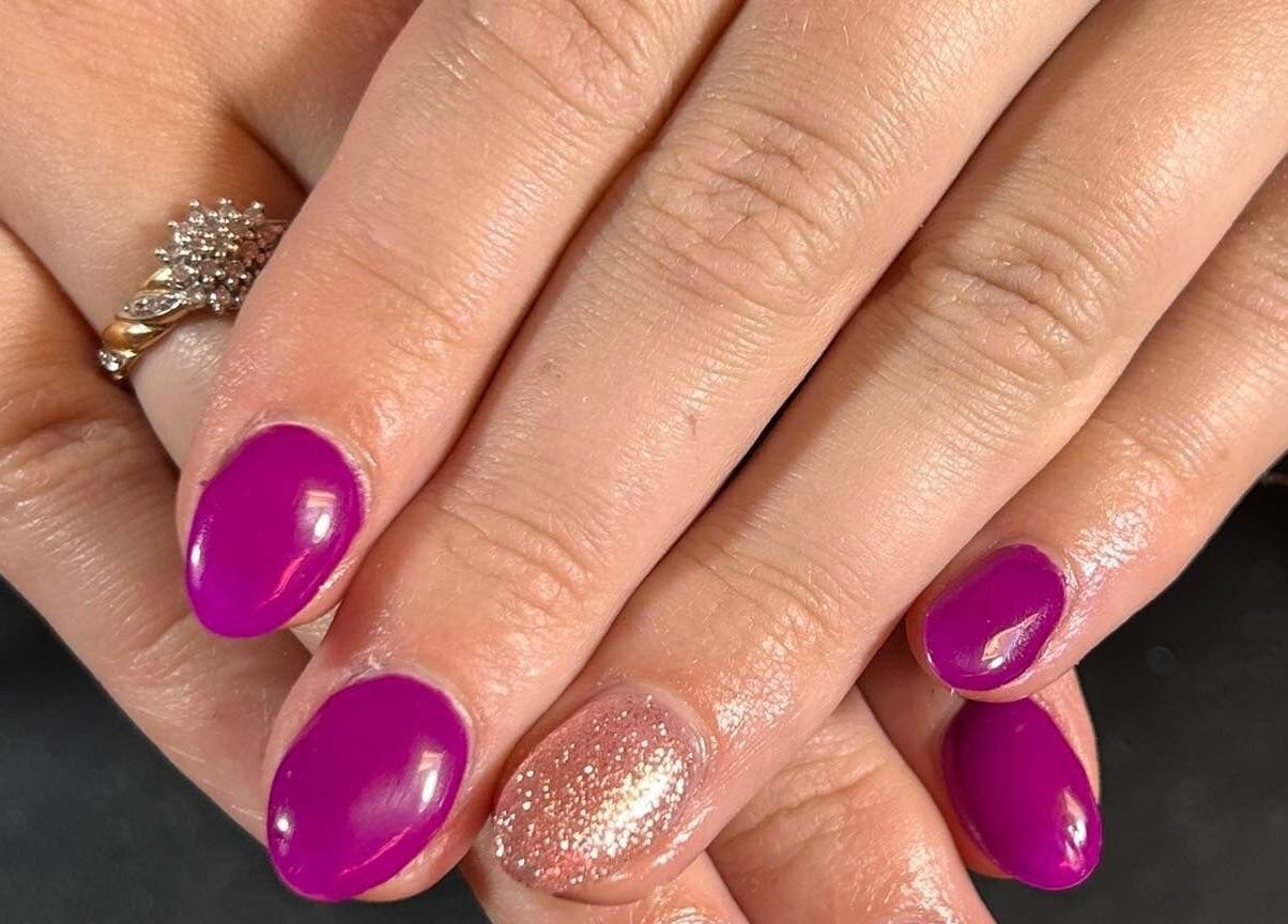 Stylish purple and glitter nails at The Luxury Nail Bar, Galashiels, Scotland, GB.