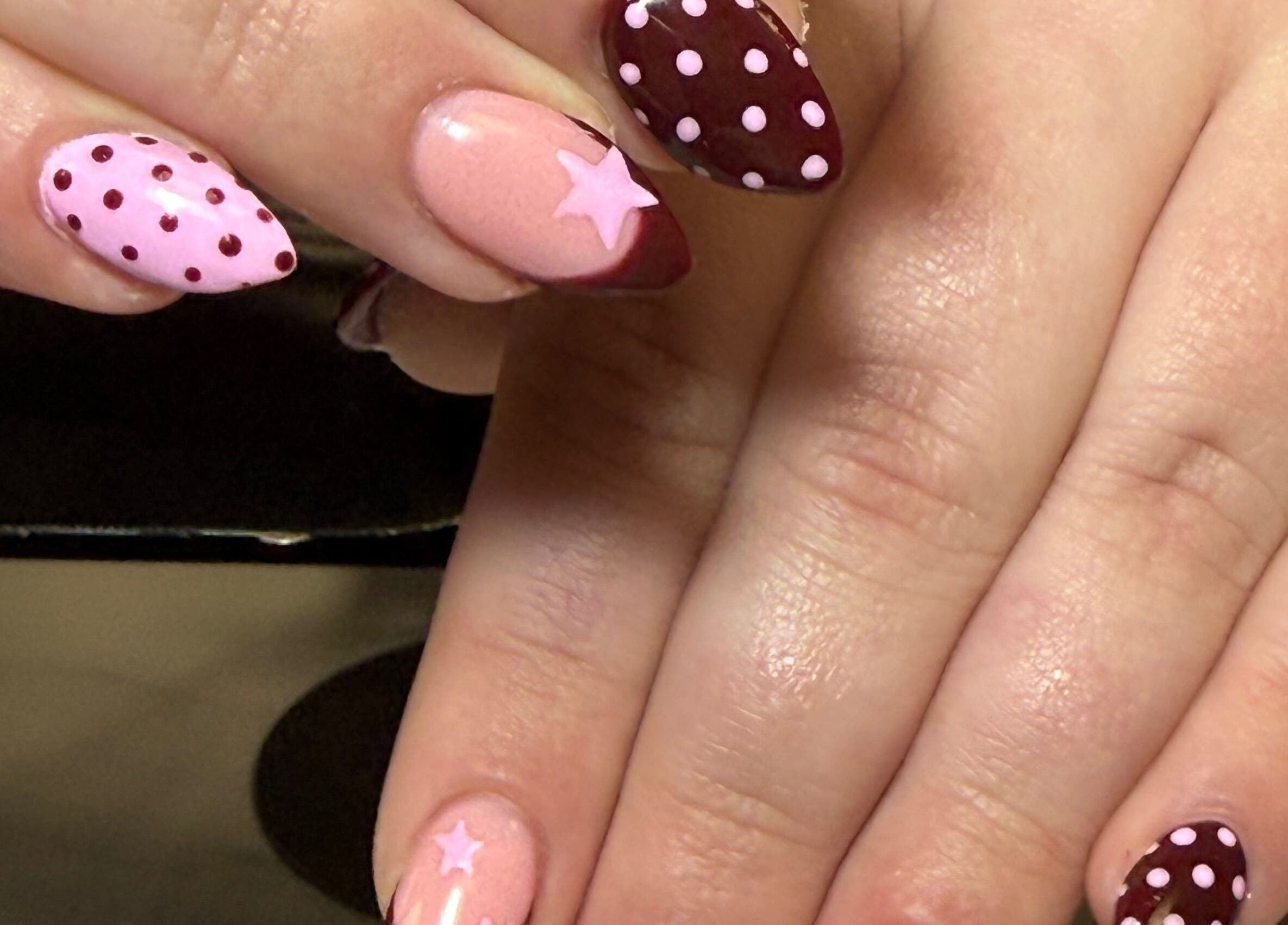 Stylish polka dot and star nail art at The Luxury Nail Bar, Galashiels, Scotland, GB.