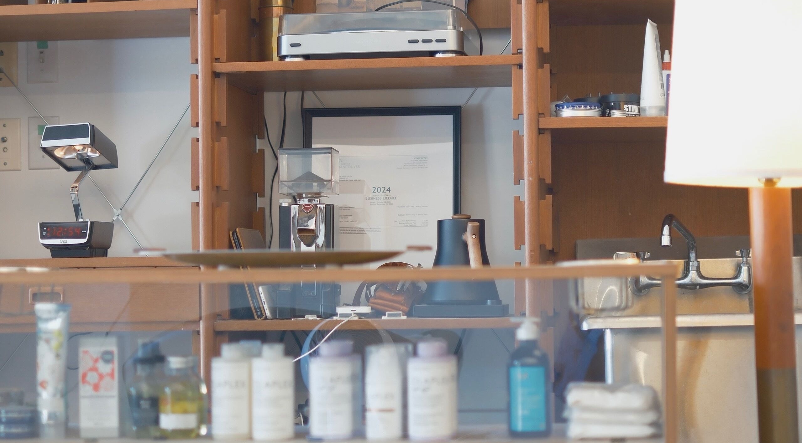 Shelves with beauty products and equipment at cafune. west, Vancouver, British Columbia, CA.