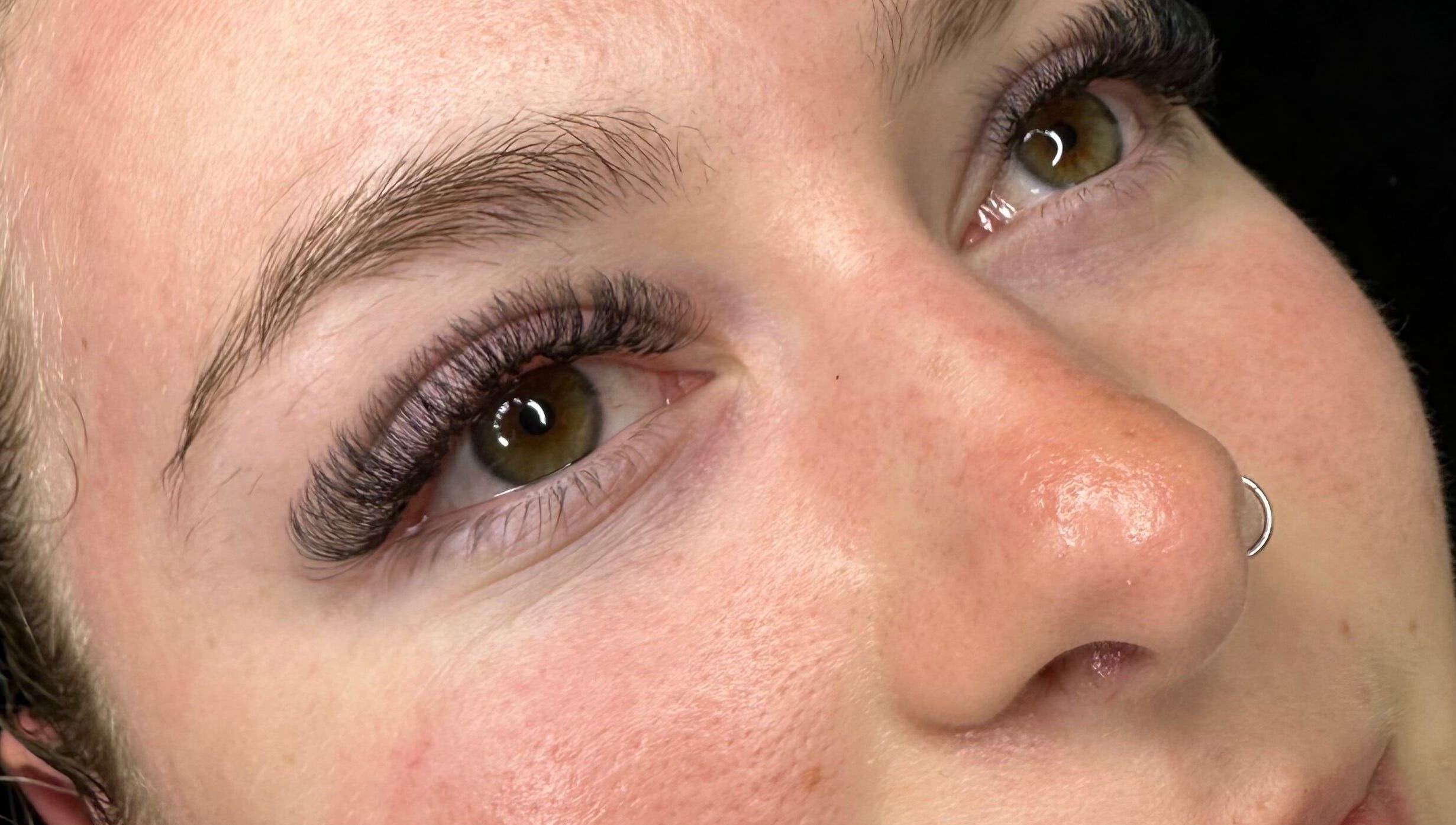 Close-up of expertly applied eyelash extensions at Lasheddbylexy, Elderslie, New South Wales, AU.