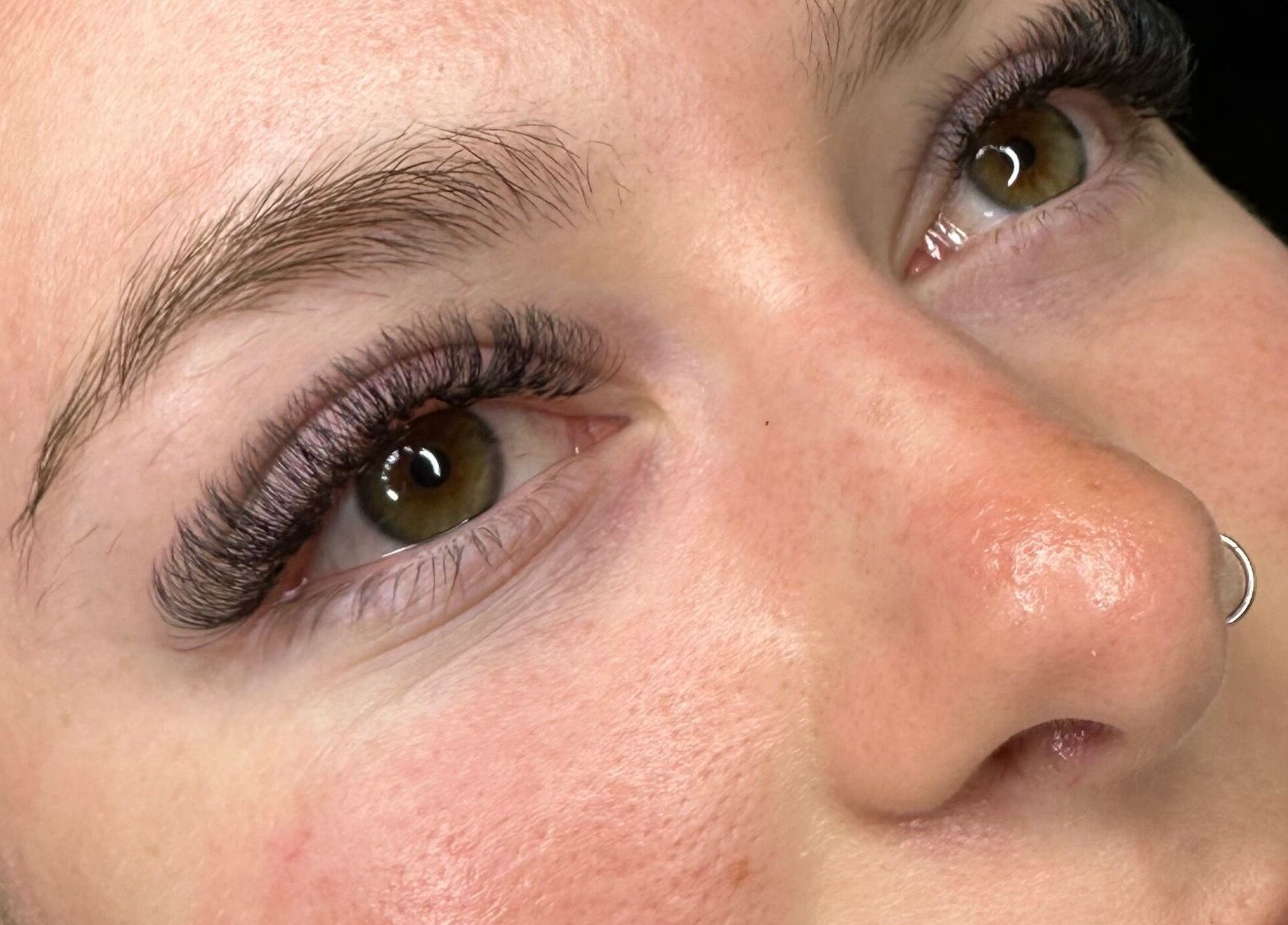 Close-up of expertly applied eyelash extensions at Lasheddbylexy, Elderslie, New South Wales, AU.