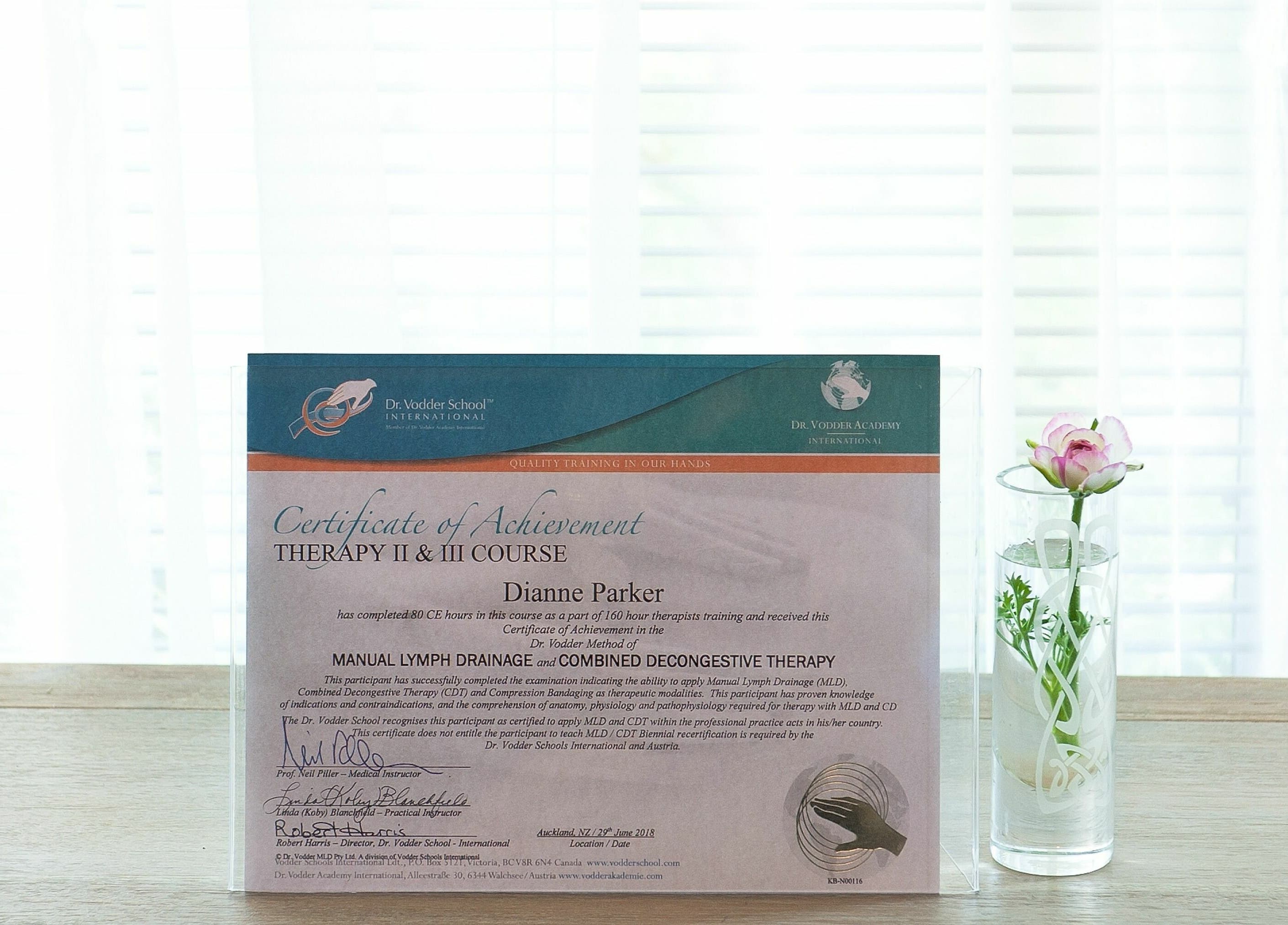 Certificate at Dharma Massage & Movement, Abbey, Western Australia, showcasing therapy accreditation.