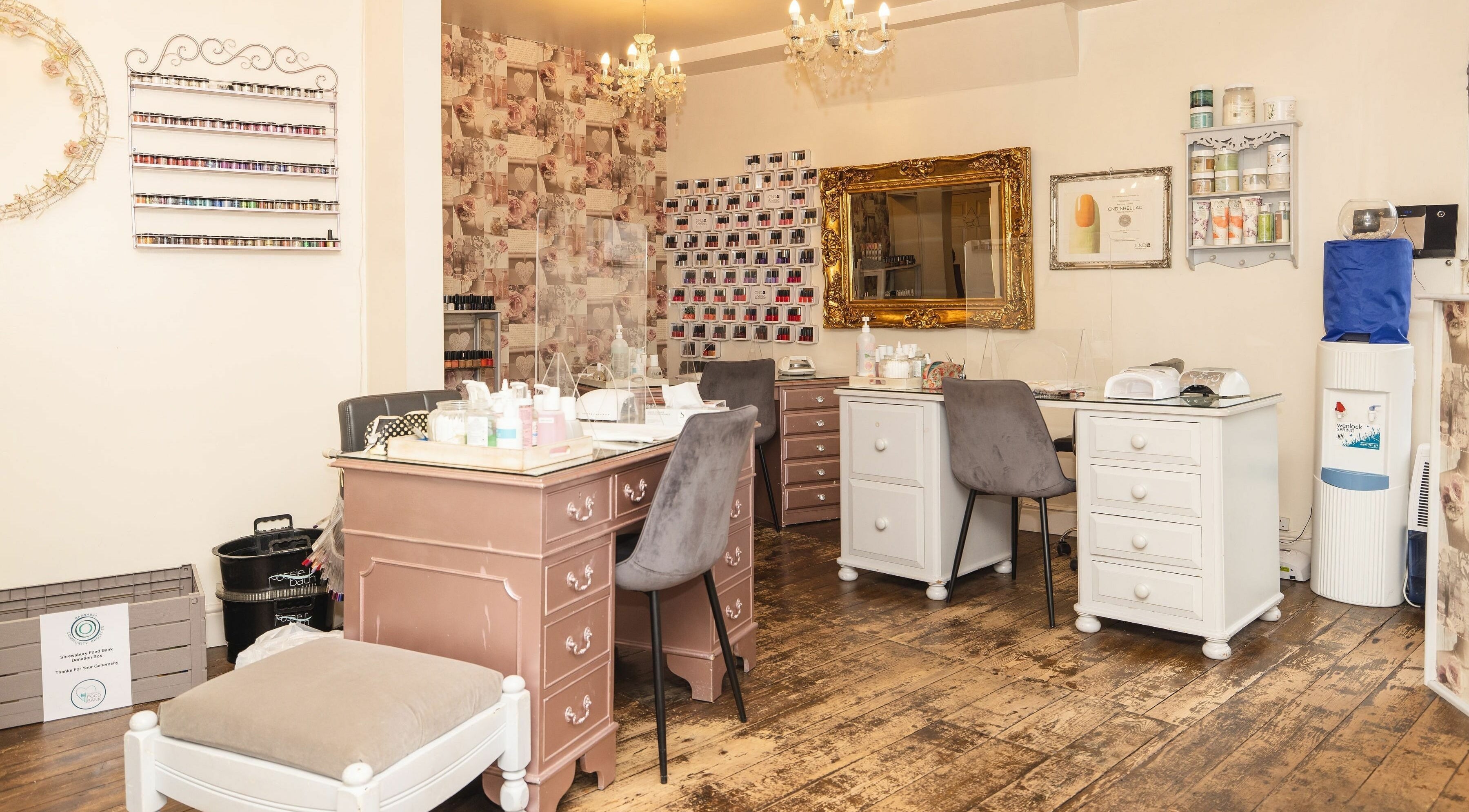 Stylish nail salon interior at Beauty Boutique, Shrewsbury, England, GB showcasing elegant decor.