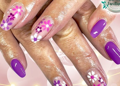 Purple and floral nail art at The Nail Sanctuary Blackpool, Blackpool, England, GB.