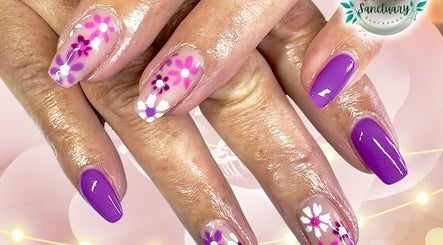 Purple and floral nail art at The Nail Sanctuary Blackpool, Blackpool, England, GB.