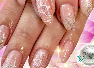 Elegant glitter and floral nail art at The Nail Sanctuary Blackpool, located in Blackpool, England, GB.