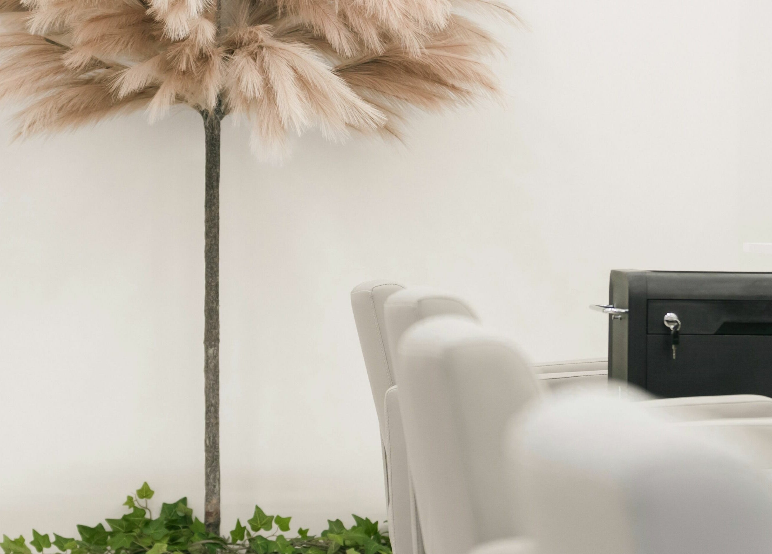 Κομψή γωνία σαλονιού στο Medusa Ultimate Tsimiski, Θεσσαλονίκη, GR με λευκά καθίσματα και διακοσμητικό δέντρο.