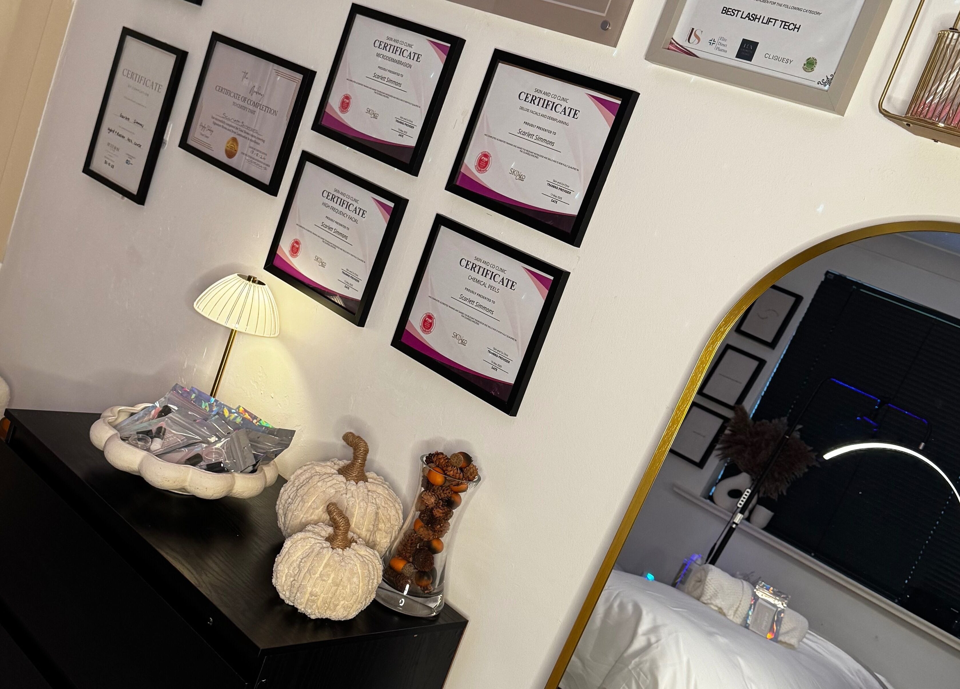 Chic Lash Box Mcr interior displaying elegant decor and certificates in Greenmount, England, GB.