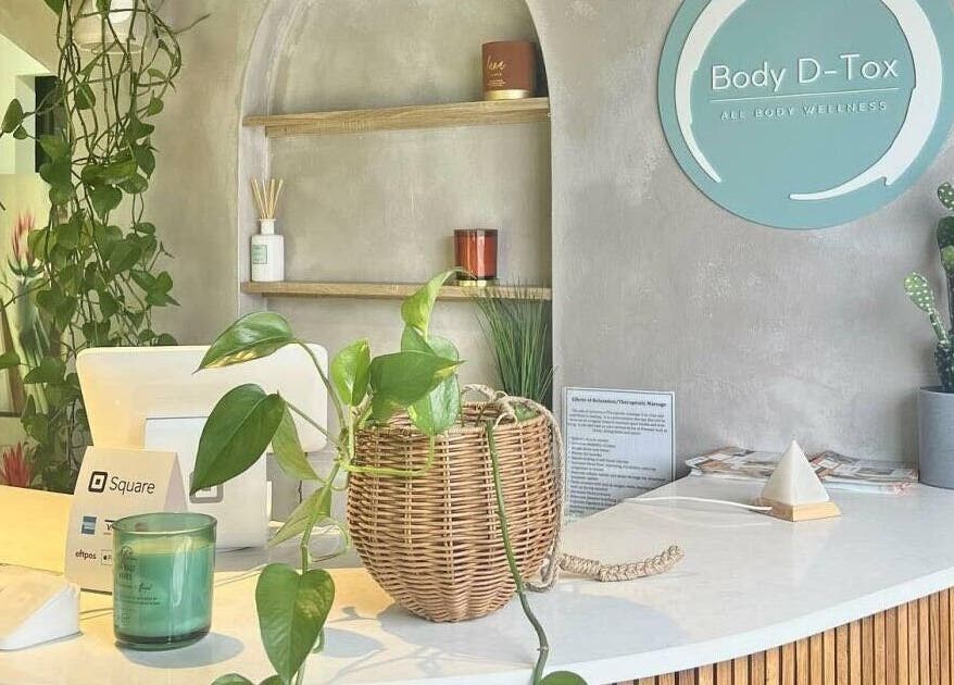 Reception at Body D Tox, Melbourne, Victoria, AU, featuring greenery and a calming ambiance.