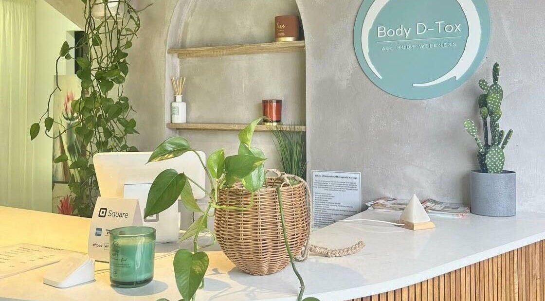 Reception at Body D Tox, Melbourne, Victoria, AU, featuring greenery and a calming ambiance.