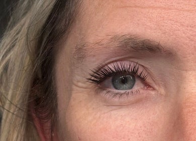 Close-up of beautifully enhanced eyelashes at Beauty Hall, Watford, England, GB.