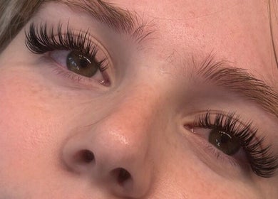 Close-up of eyelash extensions at Beauty Hall, Watford, England, GB featuring long, voluminous lashes.