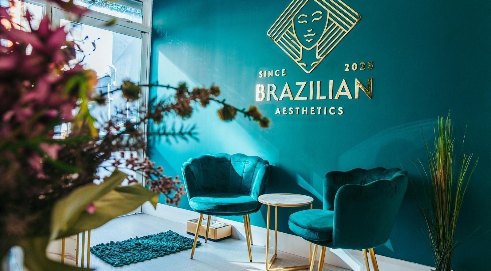 Chic lounge area at Brazilian Aesthetics, Dublin, County Dublin, IE, featuring teal chairs and decor.
