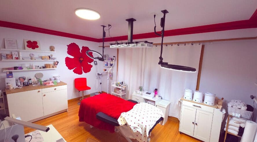 Aesthetic treatment room at Miss Chelle's Esthetics, Winnipeg, Manitoba, CA with a red theme and equipment.