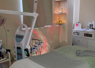 Calming skincare treatment room at Innersol Skincare, Fair Lawn, New Jersey, US with modern equipment and cozy decor.
