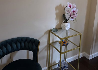 Stylish waiting area at Innersol Skincare, Fair Lawn, New Jersey, US with a plush chair and orchid decor.