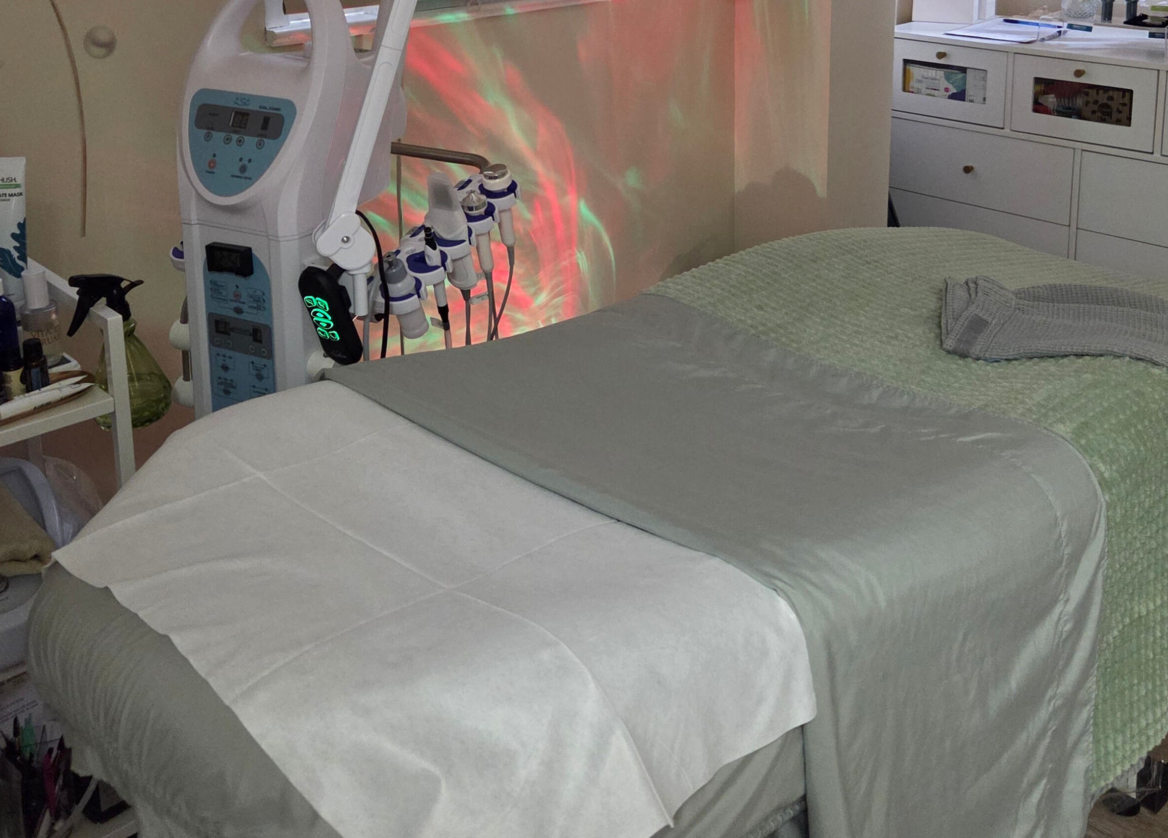 Relaxing skincare treatment room at Innersol Skincare, Fair Lawn, New Jersey, US, with modern equipment and cozy linens.