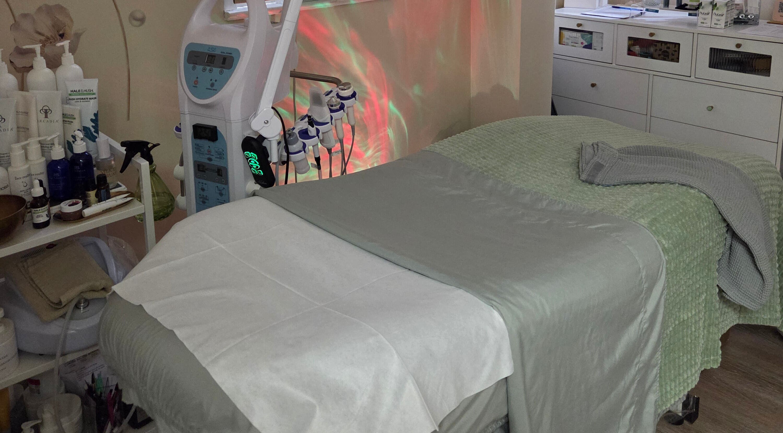 Relaxing skincare treatment room at Innersol Skincare, Fair Lawn, New Jersey, US, with modern equipment and cozy linens.