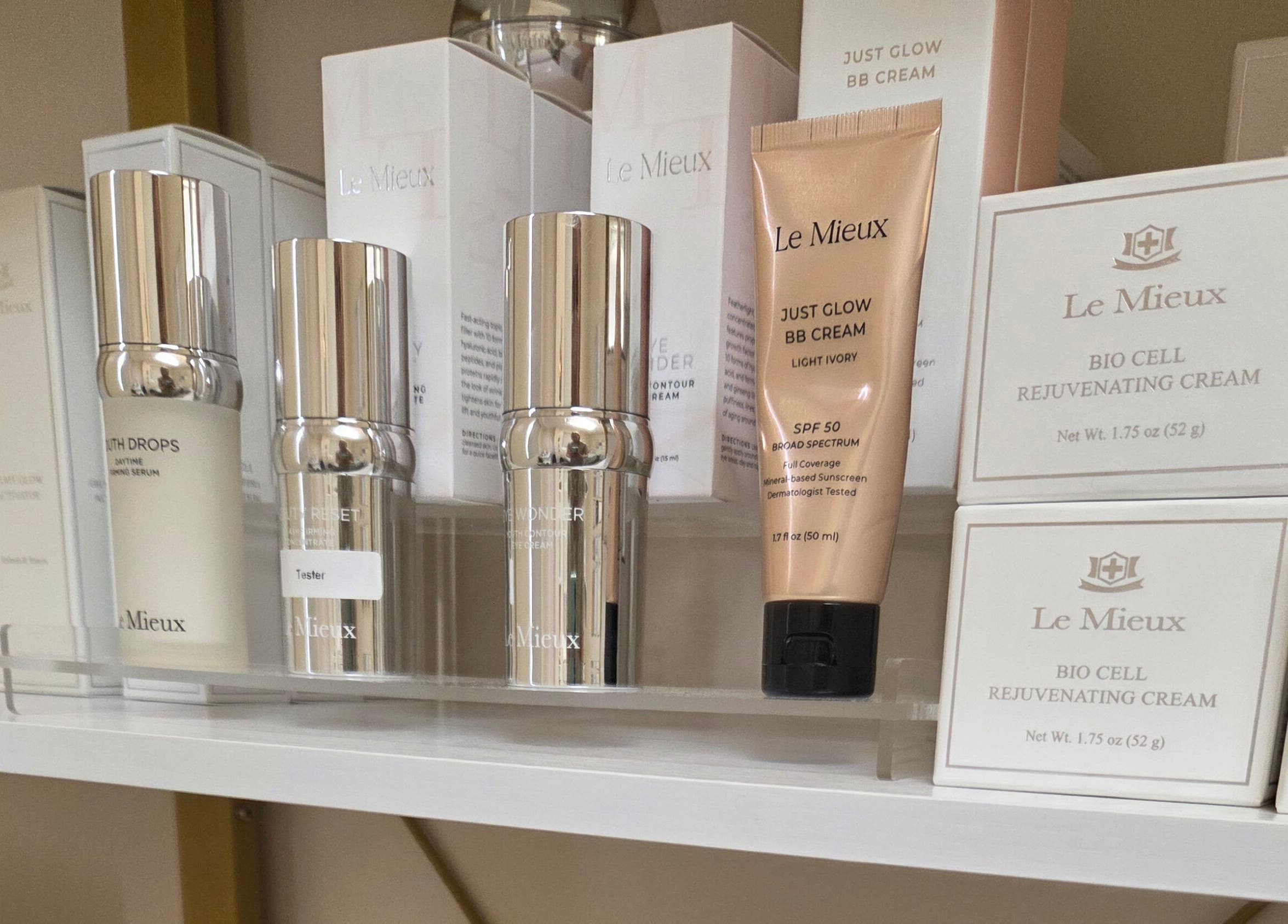 LeMieux skincare products displayed at Innersol Skincare in Fair Lawn, New Jersey, US.