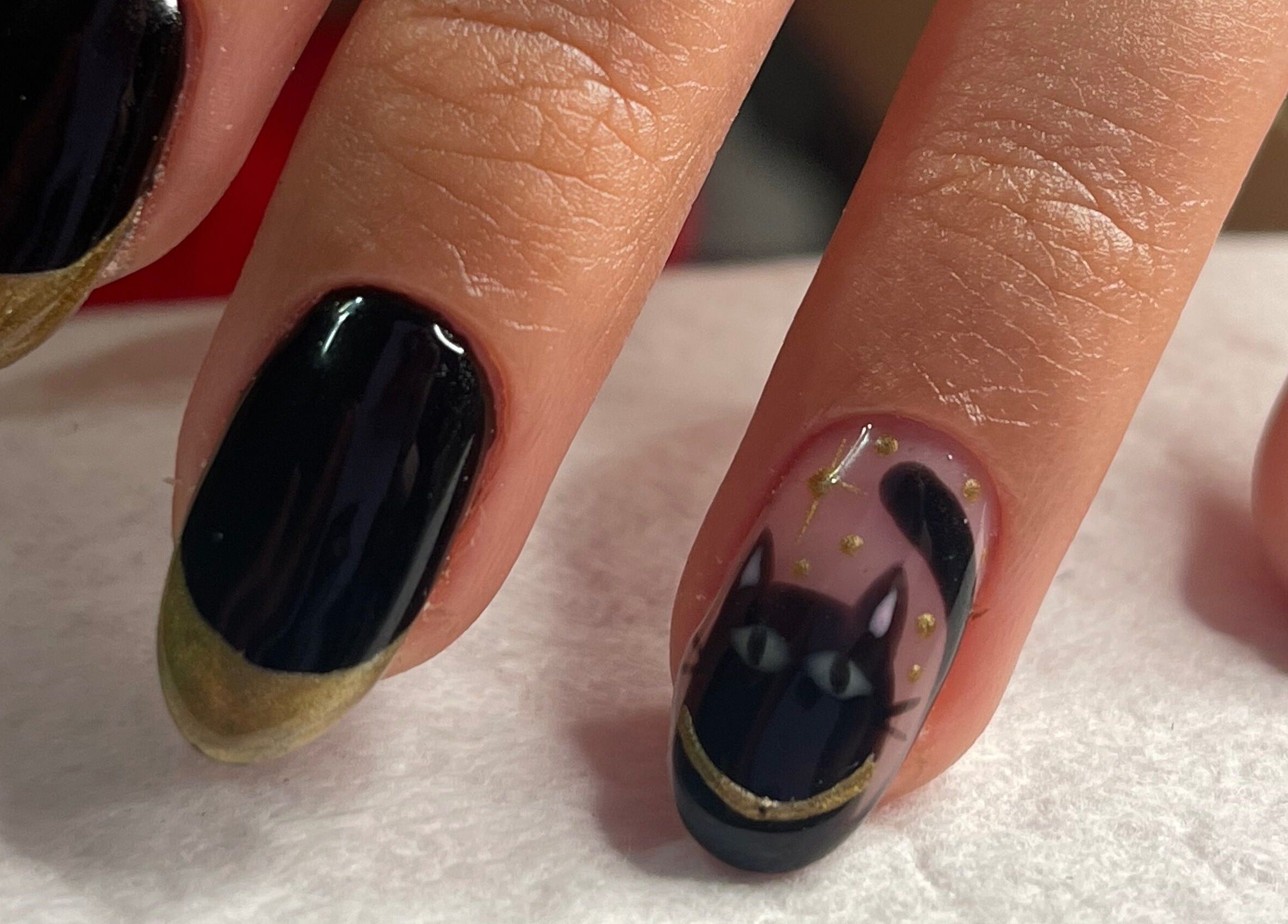 Elegante diseño de uñas negras con arte de gato en Retouch Nails, Aguada, Aguada, PR.
