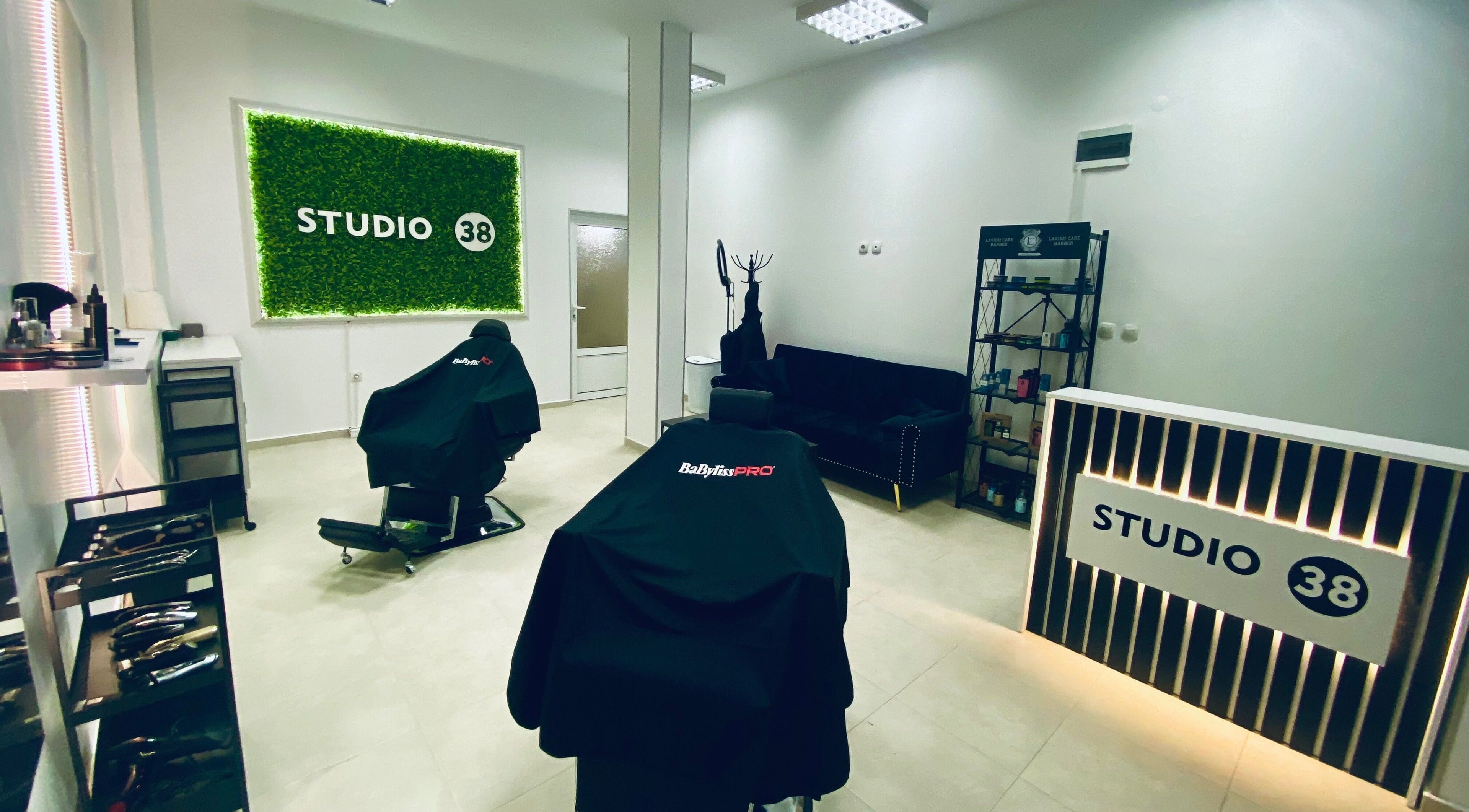 Modern interior of Studio 38 Barber Shop in Plovdiv, BG, featuring sleek barber chairs and stylish decor.