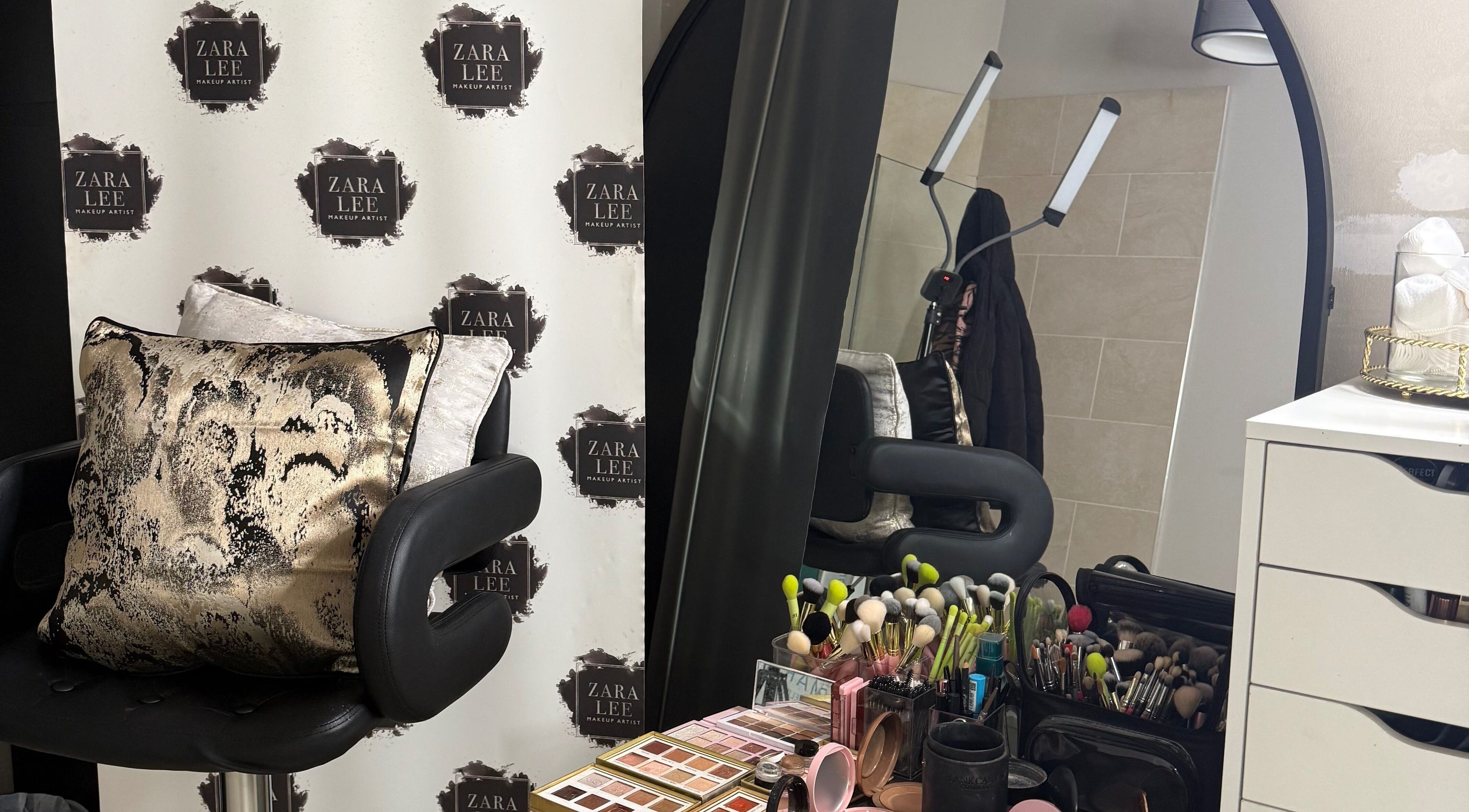 Makeup & Lashes By Zara Lee studio setup in Tralee, County Kerry, IE featuring beauty tools and branding.