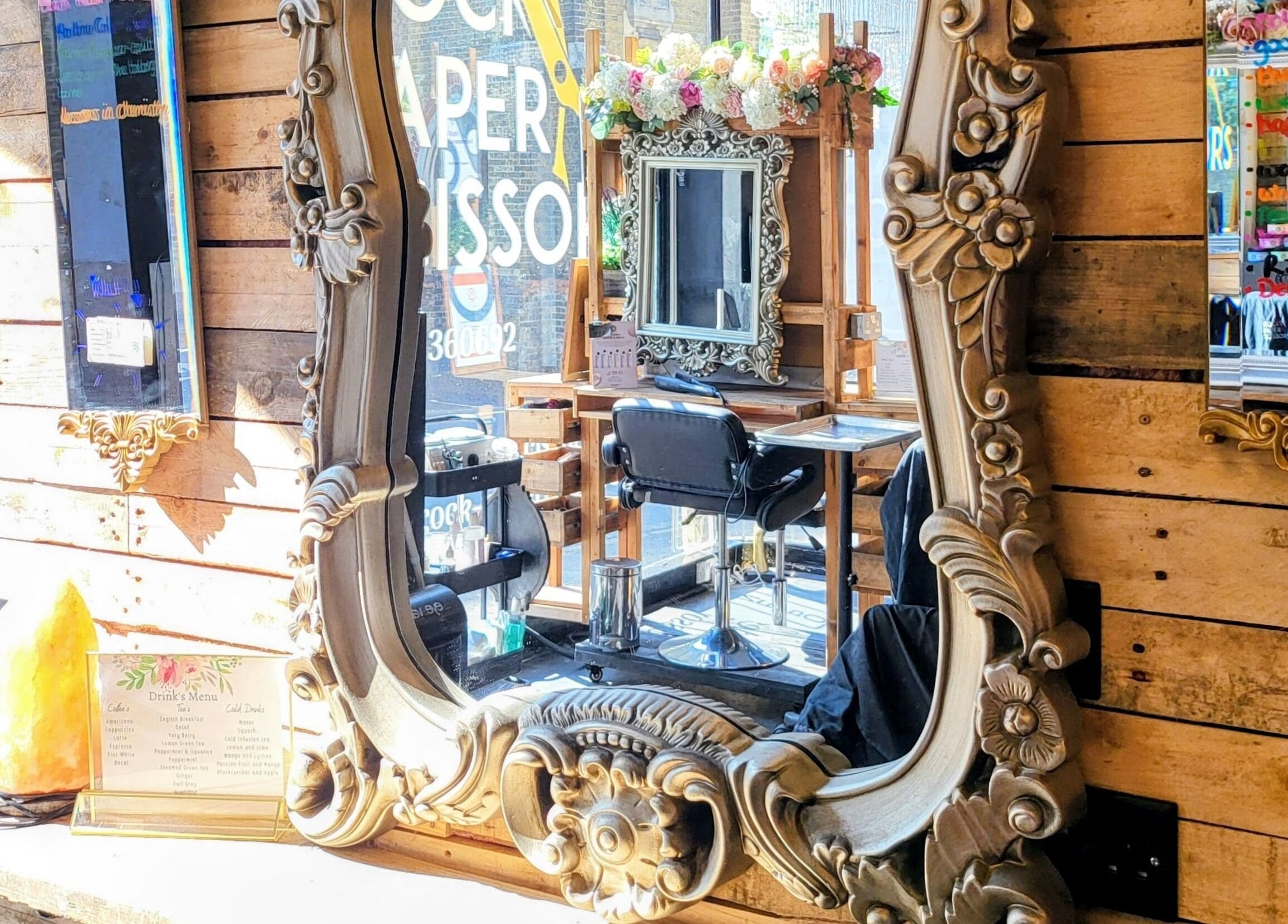 Luxurious hair station at Rock Paper Scissors Hair & Beauty Salon, Walmer, England, GB, featuring ornate mirror.