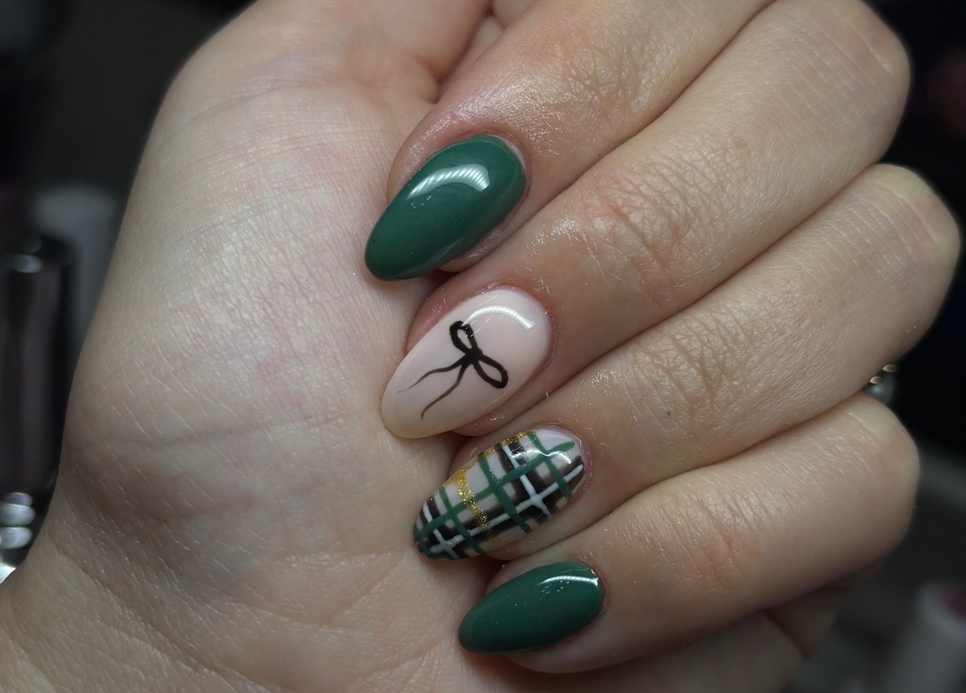 Stylish green and plaid nail art design at Gwen’s Aesthetics, Pembroke, Ontario, CA.