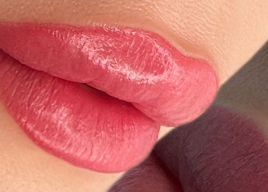 Close-up of glossy pink lips at Aroma Beauty Palace, Cashmere, Queensland, AU.
