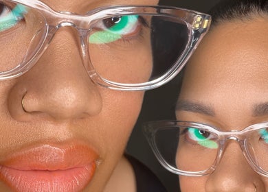 Stylish glasses with vibrant makeup at Aroma Beauty Palace, Cashmere, Queensland, AU.