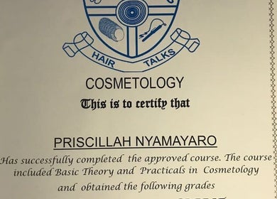 Cosmetology certificate proudly displayed at Cillah Nails, Cape Town, Western Cape, ZA.