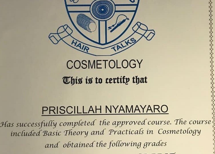 Cosmetology certificate proudly displayed at Cillah Nails, Cape Town, Western Cape, ZA.
