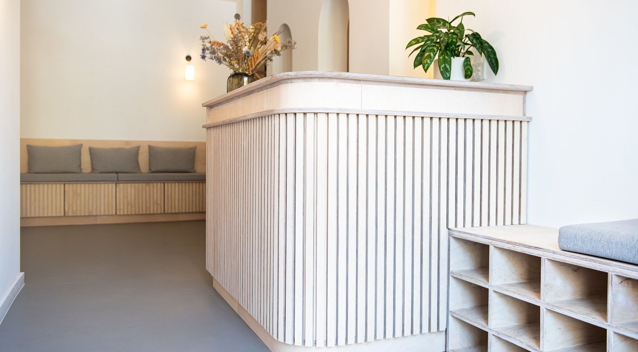 Adeline Peillet at Pause Studio - Leyton E11 reception area showcasing minimalistic design in London, England, GB.