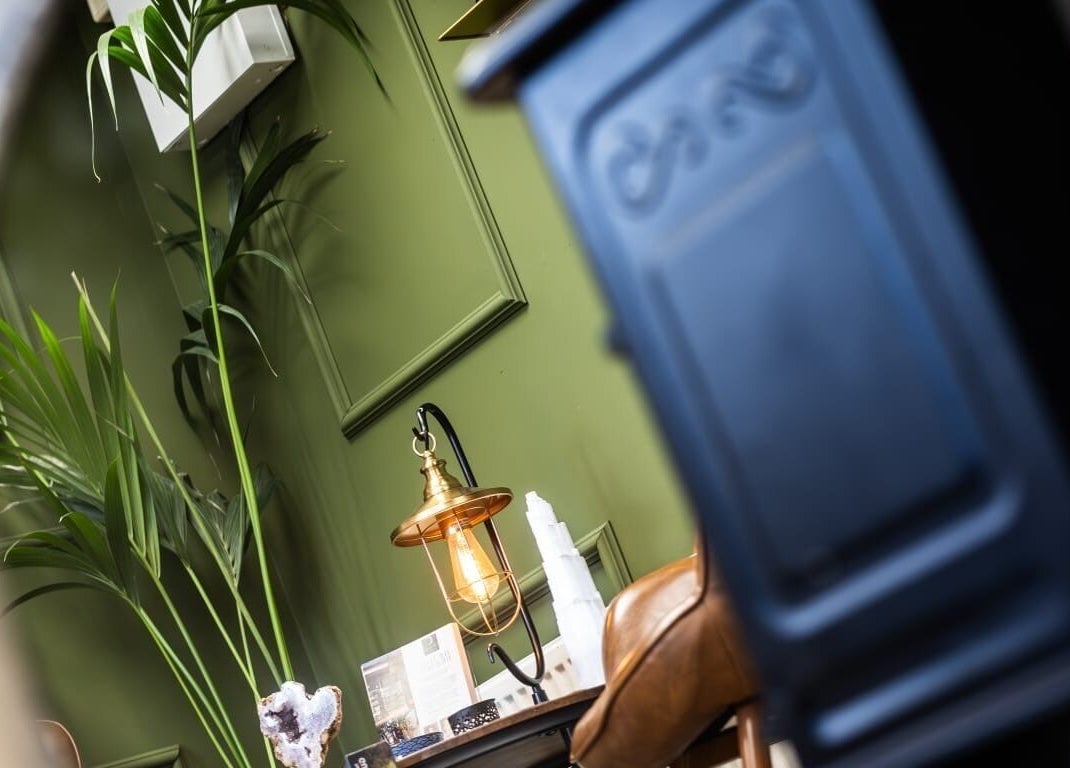 Elegant green decor at The Edgy Therapist @ The Holistic Hideaway, Broadclyst, England, GB.