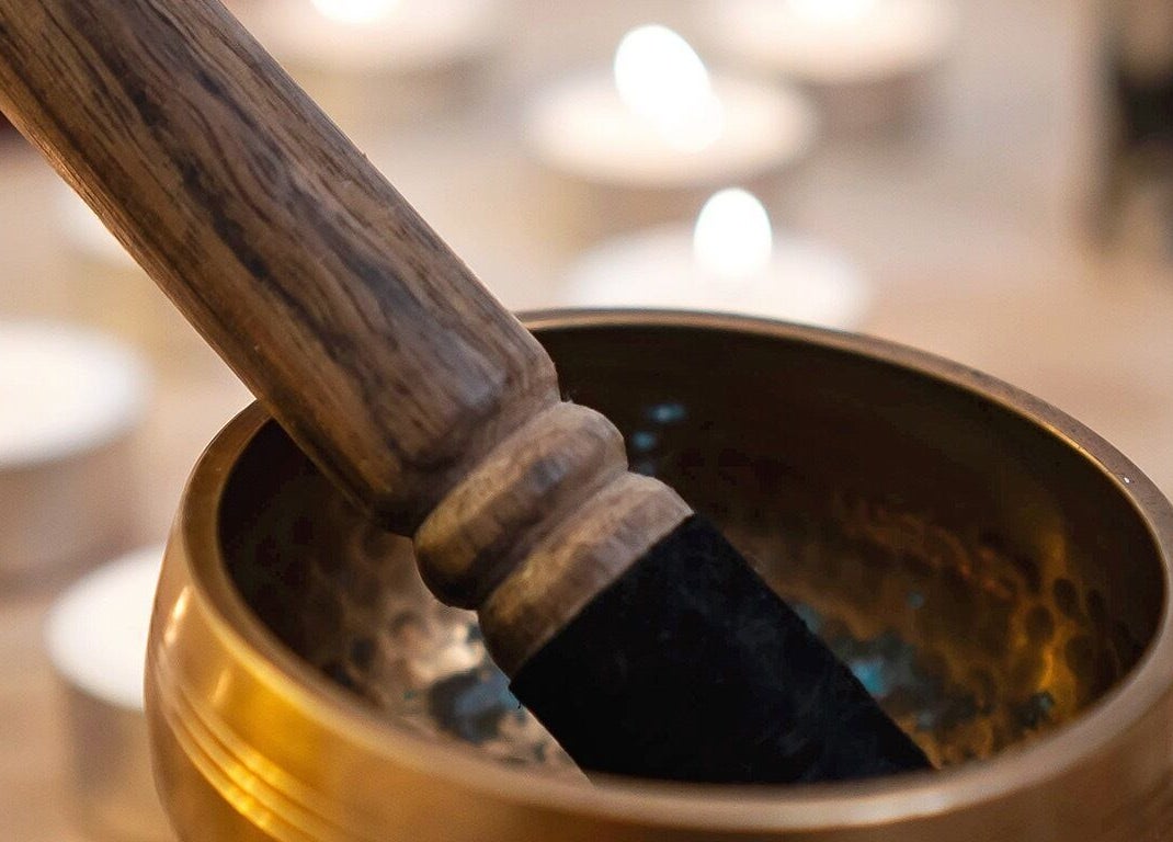 Tibetan singing bowl and candles at The Edgy Therapist @ The Holistic Hideaway, Broadclyst, England, GB.