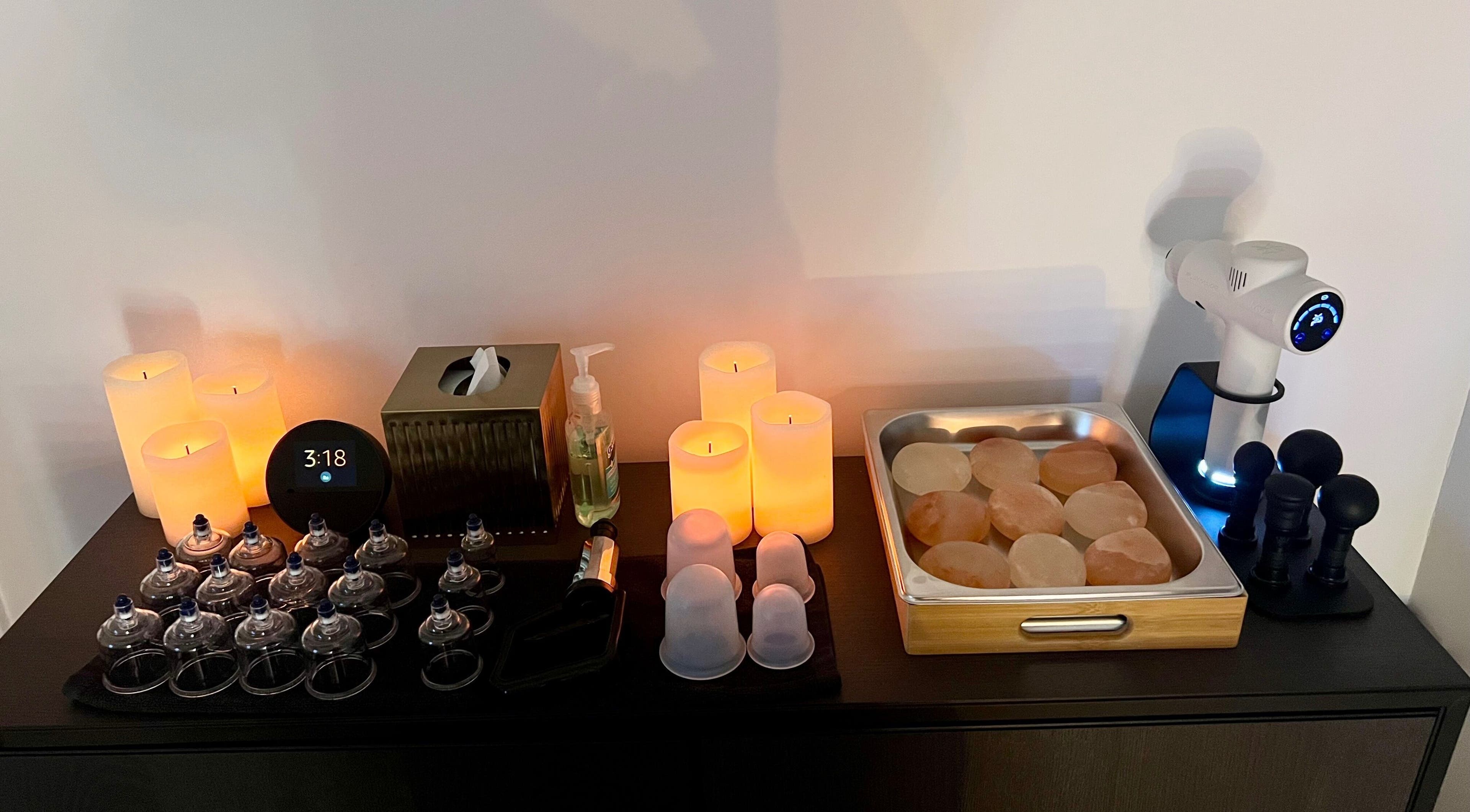 Relaxing massage tools setup at Sol Massage Therapy in Hillsborough Township, New Jersey, US.