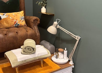 Cozy nail care setup at Pure Nails by Rachel, Newtown, Wales, GB, featuring a luxurious plush chair and treatments.