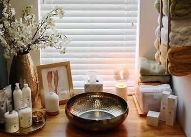 Elegant spa setup with flowers and products at Pure Nails by Rachel, Newtown, Wales, GB.