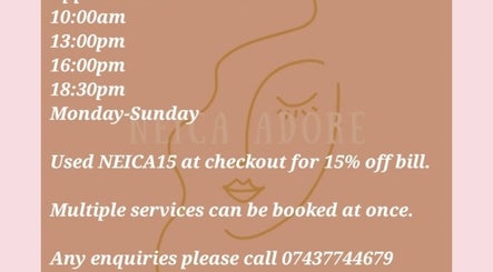Neica Adore, Birmingham, England GB offers flexible booking hours and a discount code for beauty services.