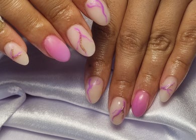Beautiful pink and white nail art design at Neica Adore, Birmingham, England, GB.