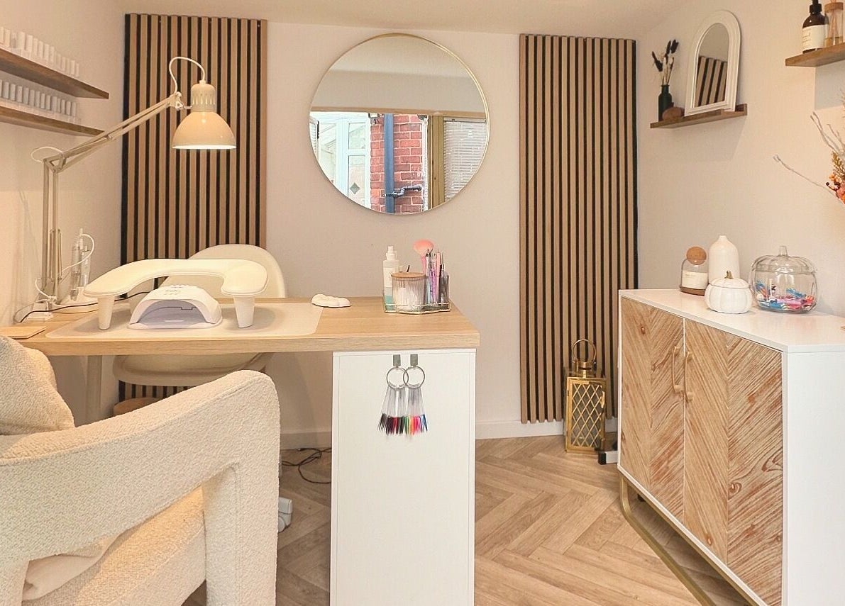 Interior view of The Nail Studio - By Beth Rudd in York, England, GB, showcasing a modern nail station with natural decor.