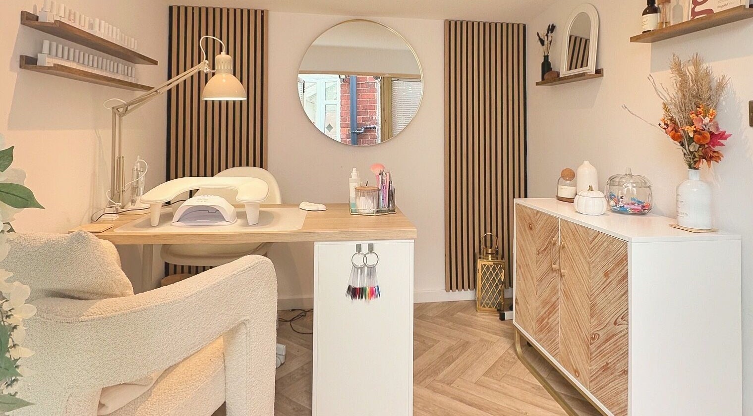 Interior view of The Nail Studio - By Beth Rudd in York, England, GB, showcasing a modern nail station with natural decor.