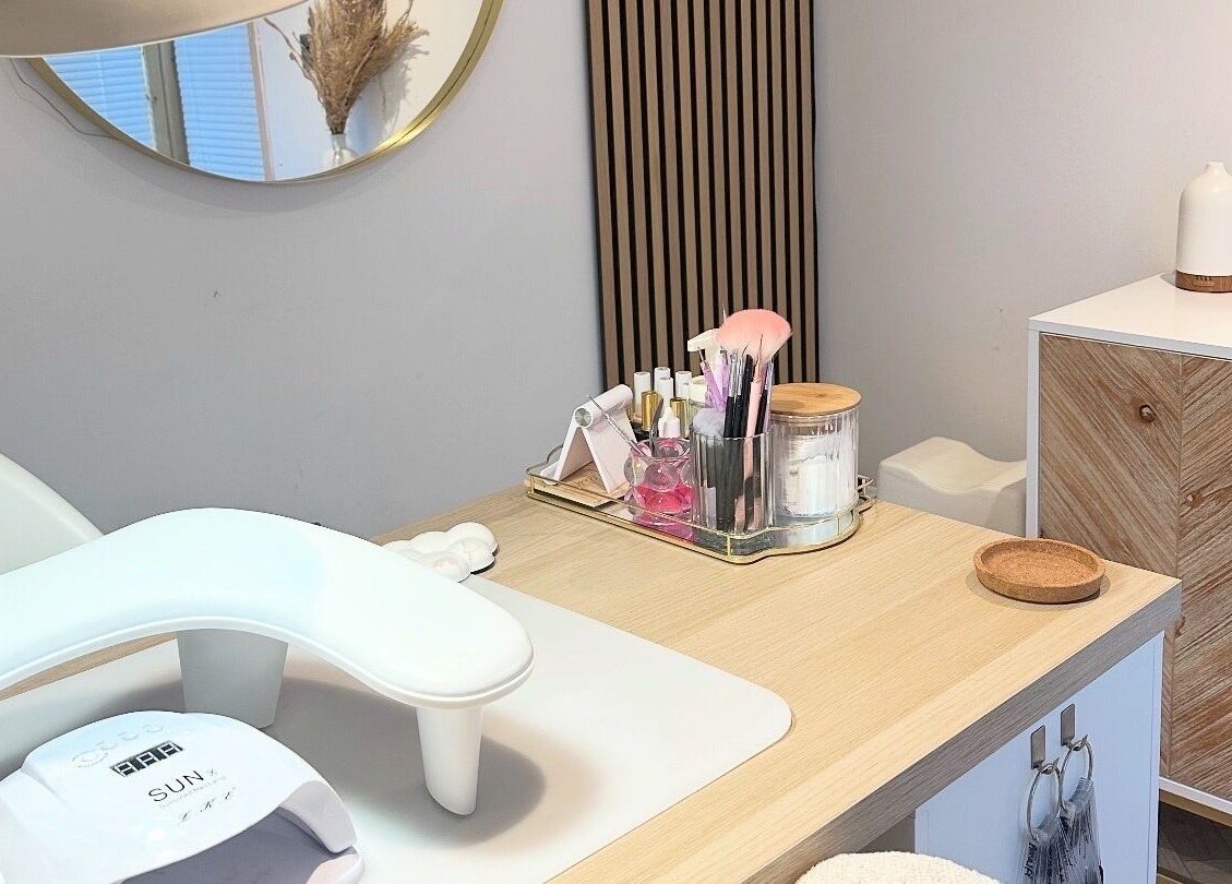 Elegant nail station at The Nail Studio - By Beth Rudd, York, England, GB with modern decor and manicure tools.