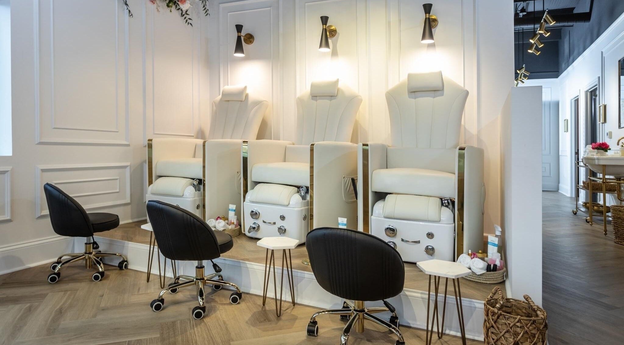 Luxurious pedicure chairs at Mantra Beauty Spa, Harrisonburg, Virginia, US, showcasing a serene spa setting.