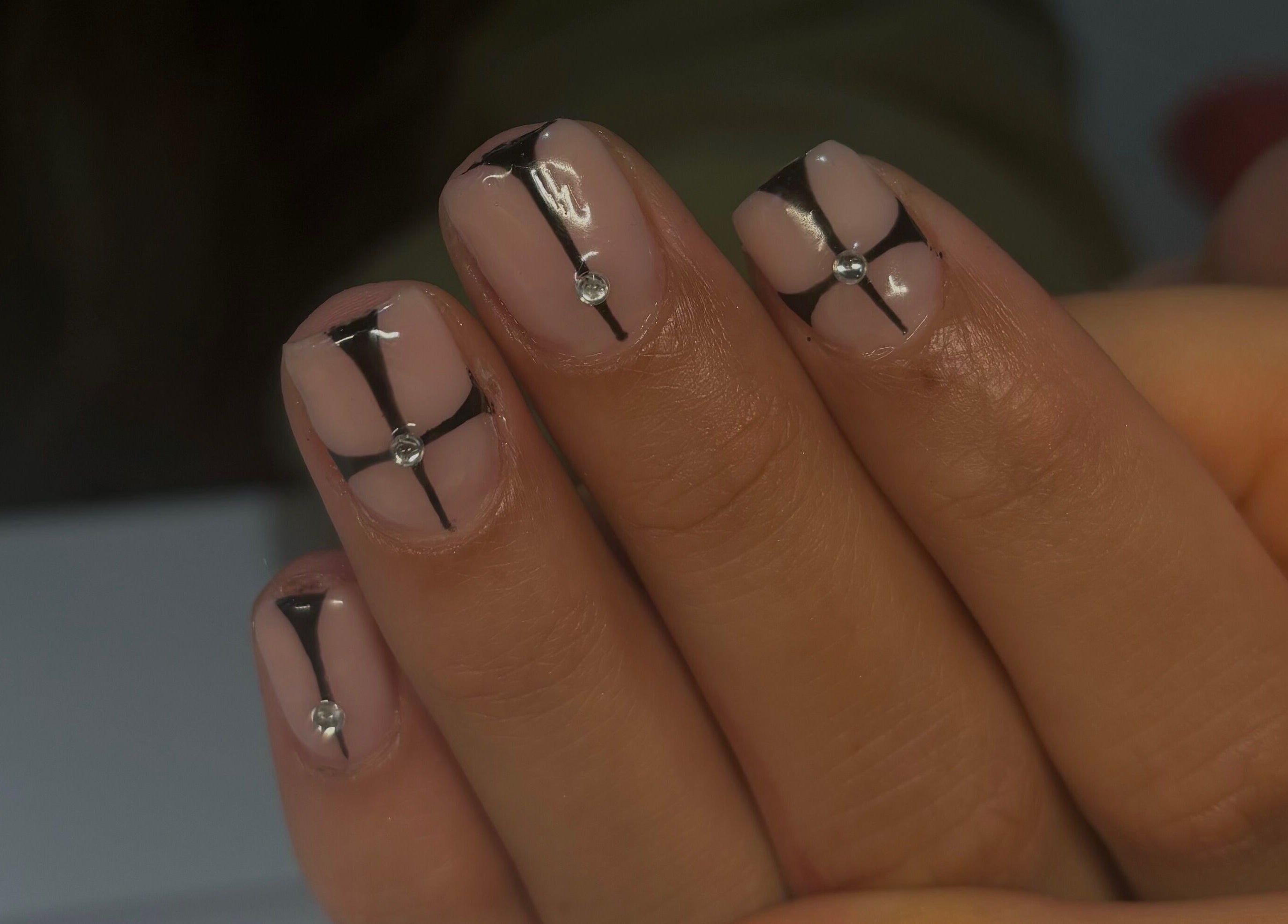 Elegant nail design with gems at Nails by Lola, Royal Wootton Bassett, England, GB.