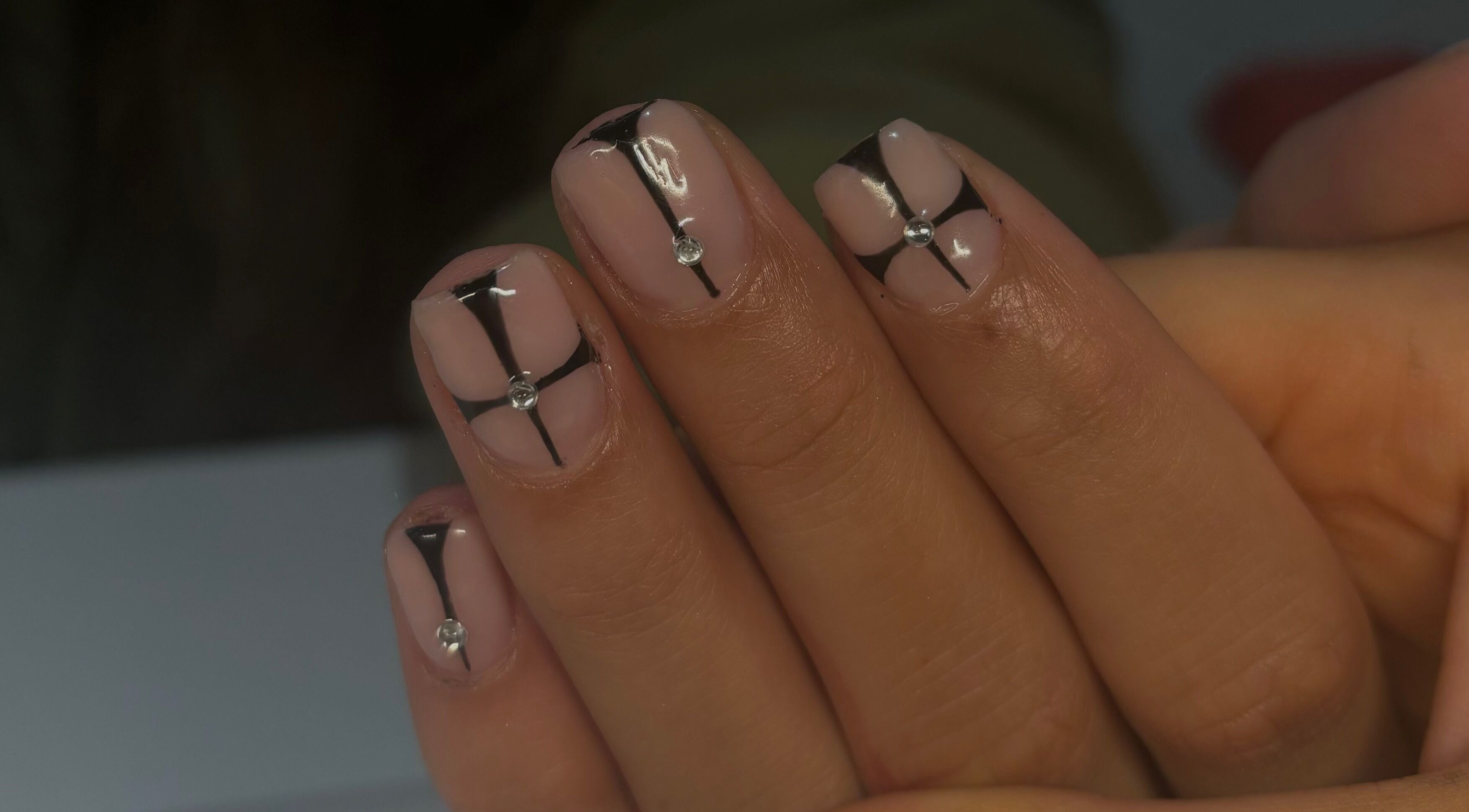 Elegant nail design with gems at Nails by Lola, Royal Wootton Bassett, England, GB.