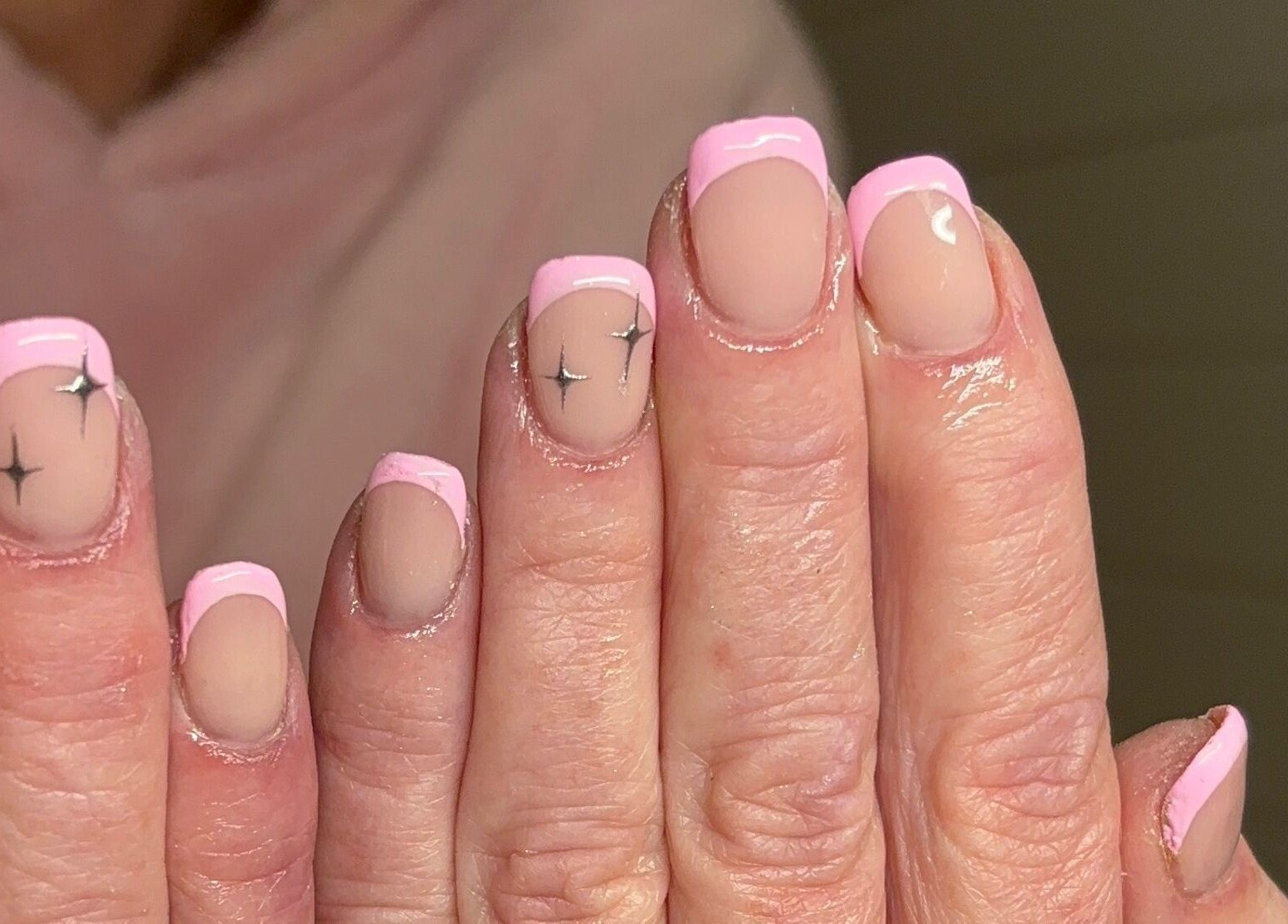 Elegant pink French nails with sparkles at Nails by Lola, Royal Wootton Bassett, England, GB.