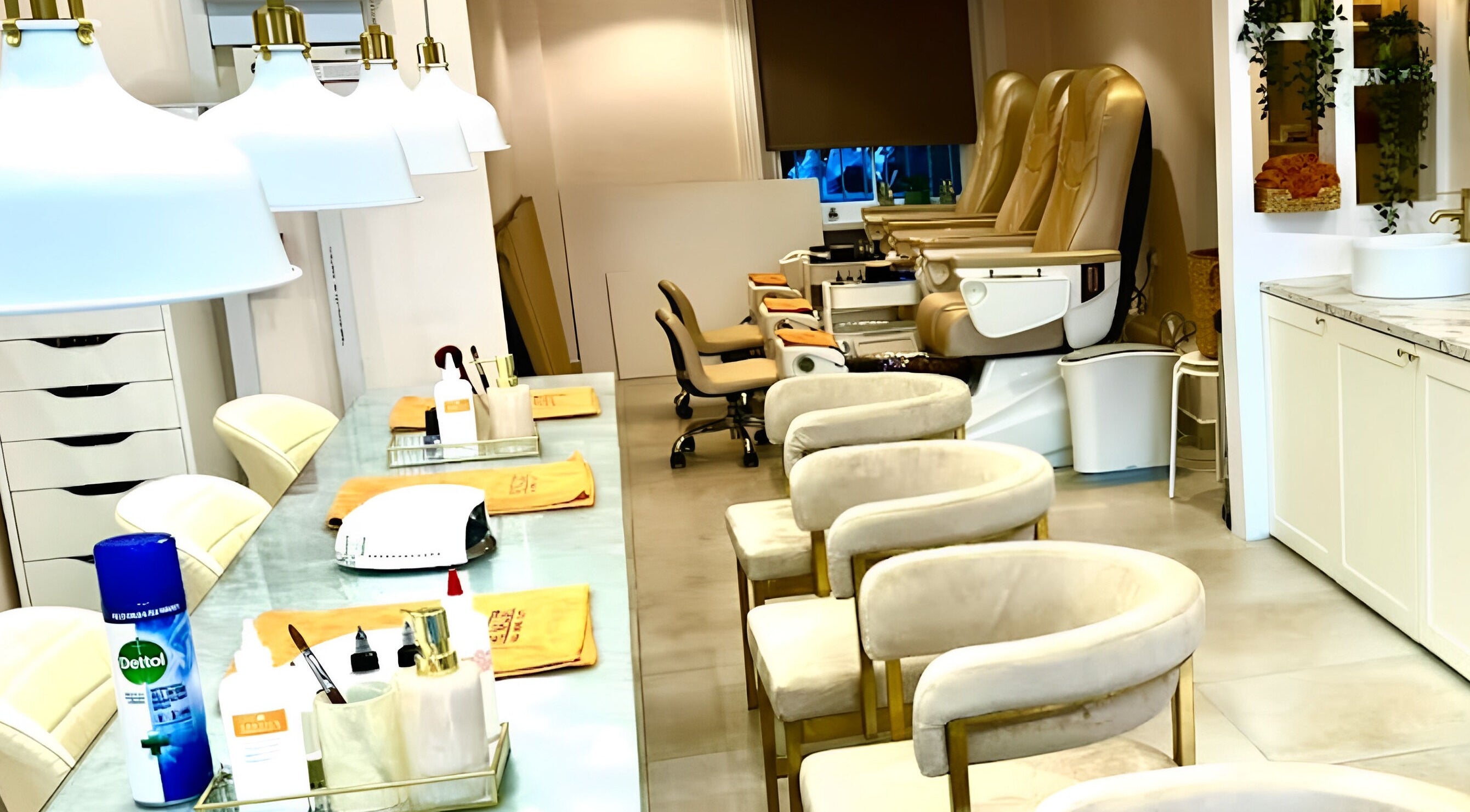 Interior of The Nailist in London, England, GB showcasing luxurious beige chairs and modern nail stations.