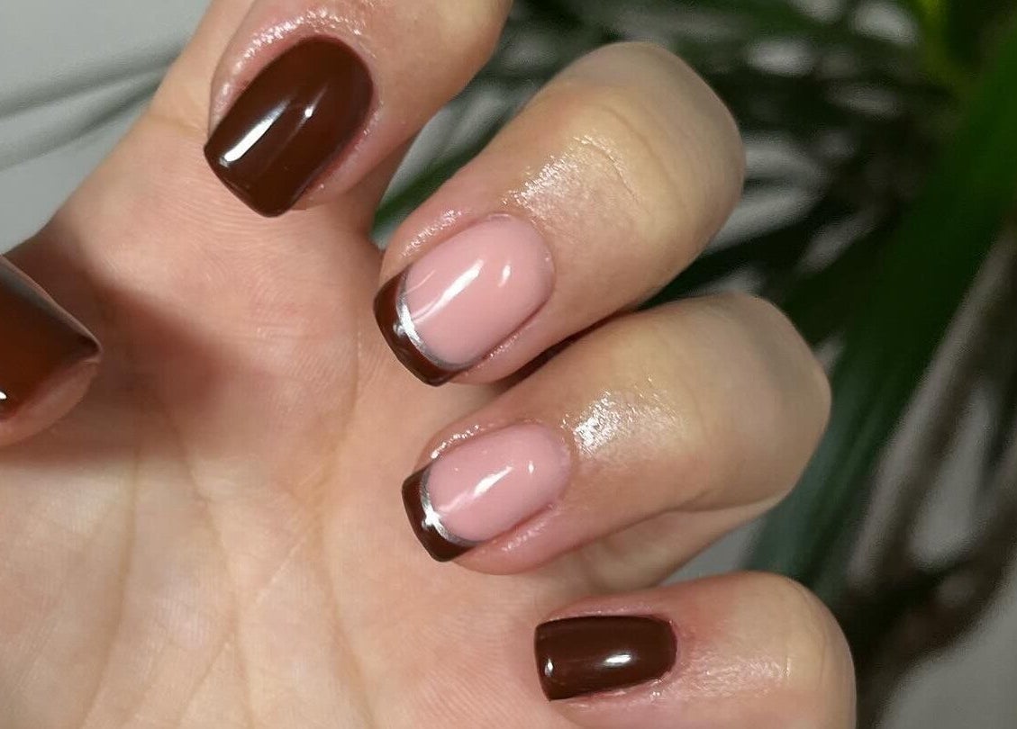 Elegant brown and pink French manicure at Clos Beauty, Peterborough, England, GB.