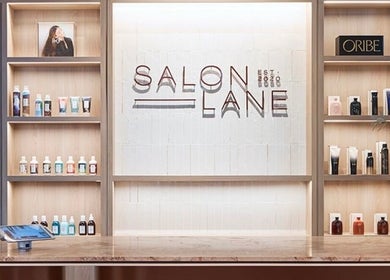 Reception desk with product displays at Sirens Hair Extensions, Campsie, New South Wales, AU.